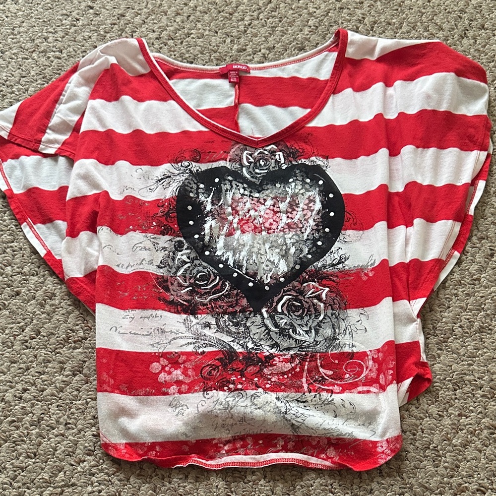 Red and White Striped Women’s Shirt with Heart Design